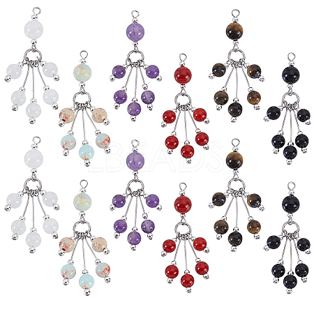 12Pcs 6 Styles Mixed Stone Round Tassel Big Pendants PALLOY-PHE00009-1