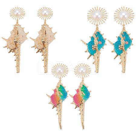 3 Pairs 3 Colors Golden Alloy Sun with Shell Shape Dangle Stud Earrings EJEW-AN0004-40-1