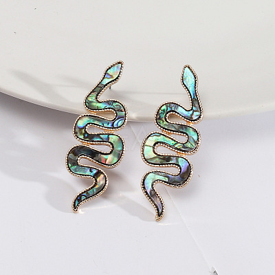 Stylish Leather Abalone Shell Snake Earrings for Women - Long and Unique Personality Jewelry ST2731678-1