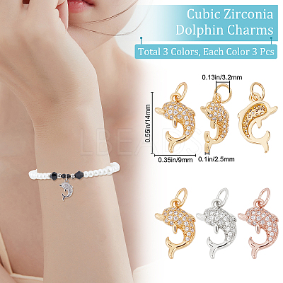 9Pcs 3 Colors Brass Micro Pave Cubic Zirconia Charms ZIRC-BBC0001-34-1