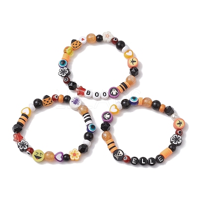 3Pcs 3 Styles Halloween Theme Resin & Polymer Clay & Glass Beaded Stretch Bracelets BJEW-JB10876-1
