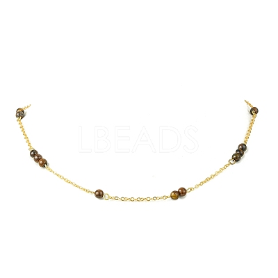 5MM Round Natural Tiger Eye Beads Brass Cable Chain Necklaces for Women NJEW-JN06378-02-1