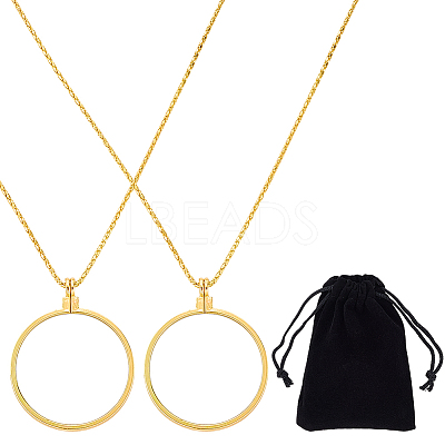 2Pcs Flat Round 5X Magnifying Glass Pendant Necklaces NJEW-SP0001-03G-1