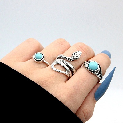 3Pcs Alloy with Synthetic Turquoise Finger Rings FS-WGB916C-07-1