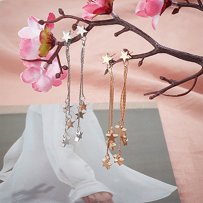 2 Pairs 2 Colors Alloy Star Tassel Dangle Stud Earrings for Women EJEW-AN0001-57-1