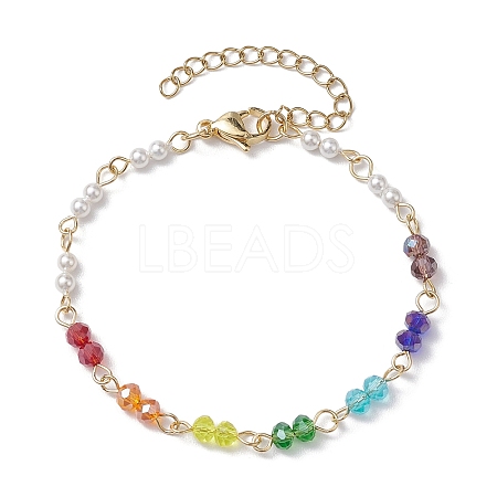 7 Chakra Faceted Glass & 3mm Round Shell Pearl Link Bracelets for Women BJEW-JB10379-1