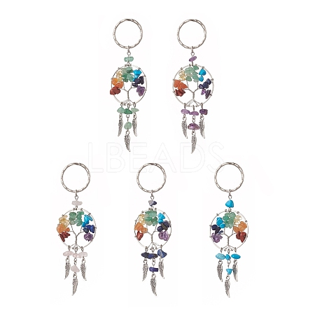 Natural & Synthetic Gemstone Chips Tree of Life with Alloy Wings Pendant Keychain KEYC-JKC00466-1