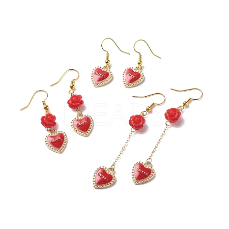 3 Pairs 3 Style Red Alloy Enamel Charms & Rose Beaded Dangle Earrings EJEW-JE05031-03-1