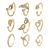 9Pcs 9 Style Brass Micro Pave Clear Cubic Zirconia Cuff Rings RJEW-LS0001-47G-1