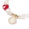 Natural Pearl & Millefiori Glass Beaded Stretch Bracelet with Heart and Coin Charm for Women BJEW-TA00060-5