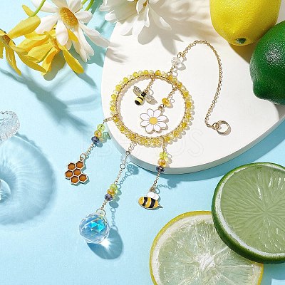 Alloy Enamel Bee Flower & Glass Beads Ring Pendant Decorations HJEW-TA00240-1