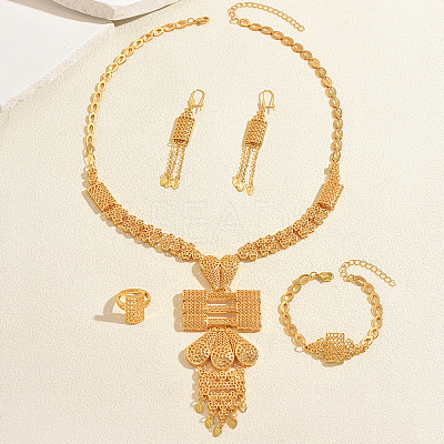 Vintage Alloy Rectangle Tassel Bracelets & Earrings & Necklaces & Rings Sets for Women GX1745-1