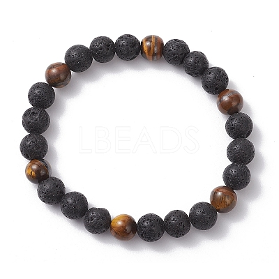 2Pcs 2 Styles Natural Lava Rock & Tiger Eye Round Beaded Stretch Bracelet Sets for Women Men BJEW-JB12248-1