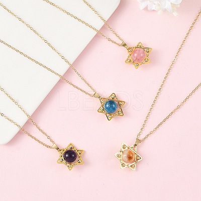 4Pcs 4 Styles Natural Amethyst & Heated Citrine & Apatite & Dyed Green Jade Copper Wire Wrapped Hexagram Pendant Brass Cable Chain Necklaces for Women NJEW-TA00258-1