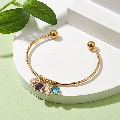 304 Stainless Steel Cuff Bangles with Brass Leaf Charms BJEW-JB10173-1