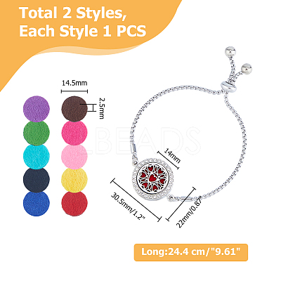 2Pcs 2 Styles 316 Surgical Stainless Steel Rhinestone Diffuser Locket Slider Bracelets BJEW-FI0001-84B-1