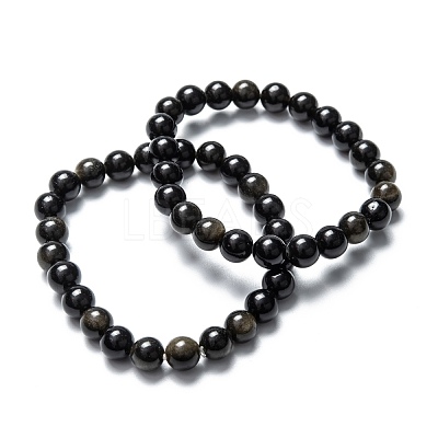 Natural Golden Sheen Obsidian Stretch Beaded Bracelets G-A185-01P-1