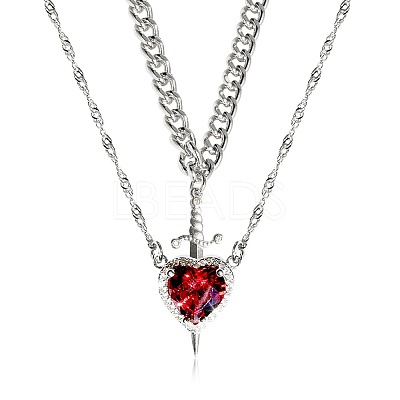 2Pcs Sword & Heart Zinc Alloy Light Siam Rhinestone Pendant Double Layer Necklaces for Women FS-WG484C5-02-1