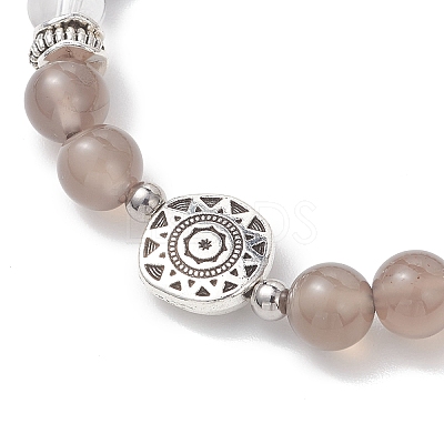 2Pcs Round Natural Quartz Crystal & Grey Agate & Larvikite & White Crazy Lace Agate Beads Stretch Bracelets BJEW-JB13000-1