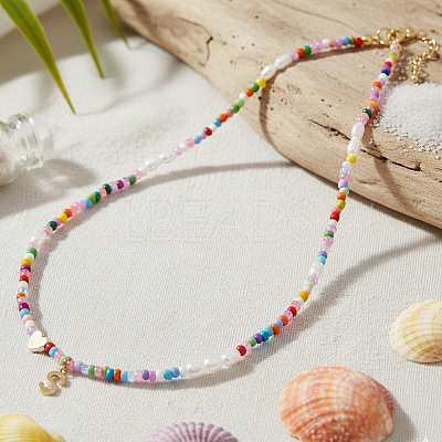 Colorful Beaded Heart Letter Necklace with Pearl Elements Stainless Steel Pendant Jewelry TR2146-19-1