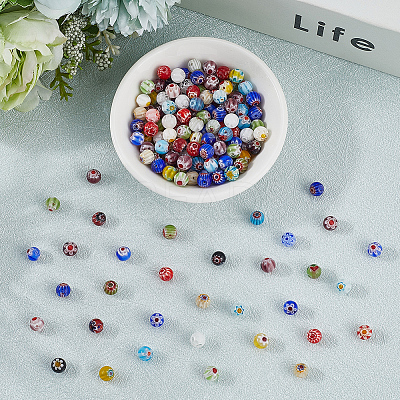 3 Strands Handmade Millefiori Glass Round Bead Strands LAMP-LT0001-16B-1