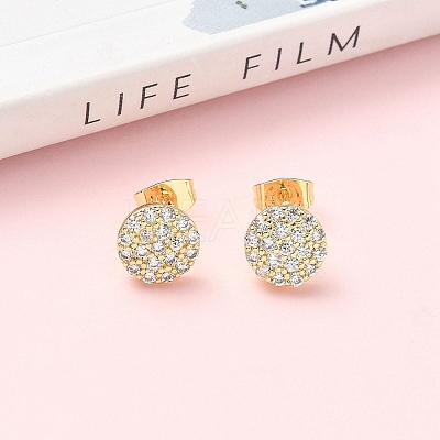 Round Brass Micro Pave Clear Cubic Zirconia Stud Earrings EJEW-Z144-10G-1
