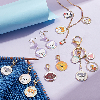 Alloy Enamel Flat Round with Dog Pattern Pendant Locking Stitch Markers HJEW-AB00002-1