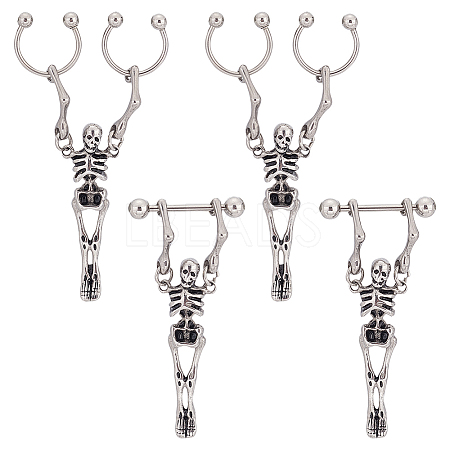 ANATTASOUL 4Pcs 2 Style Titanium Steel Skeleton Skull Dangle Hoop Earrings for Women EJEW-AN0002-52-1