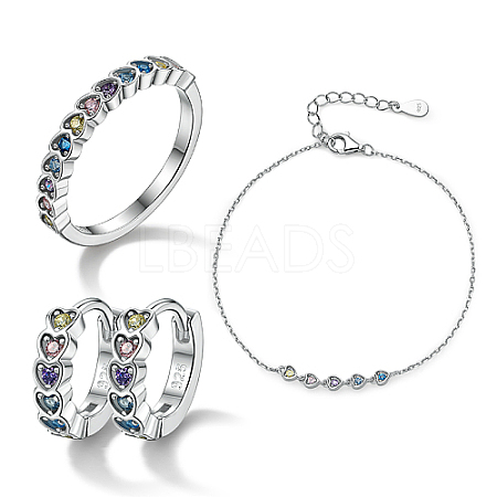 Rhodium Plated Sterling Silver Heart Finger Rings & Link Bracelets & Hoop Earrings ES9944-9-1