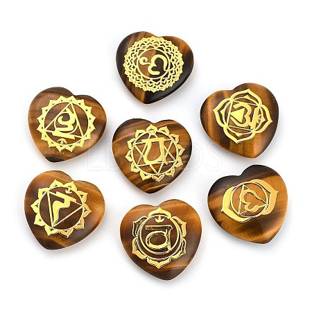 7Pcs 7 Styles Chakra Natural Tiger Eye Love Heart Ornaments Figurines G-P533-01C-1