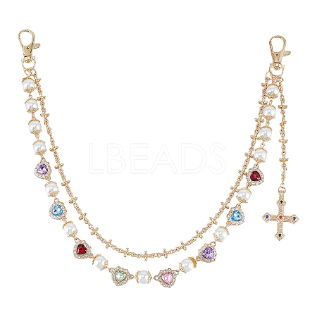 Alloy & Imitation Pearl & Colorful Acrylic Rhinestone Heart Link Double Layer Chains for Pants AJEW-ME0002-81-1