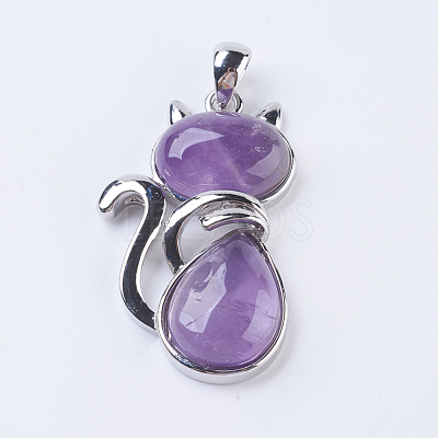 Natural Amethyst Kitten Pendants X-G-P352-B06-1