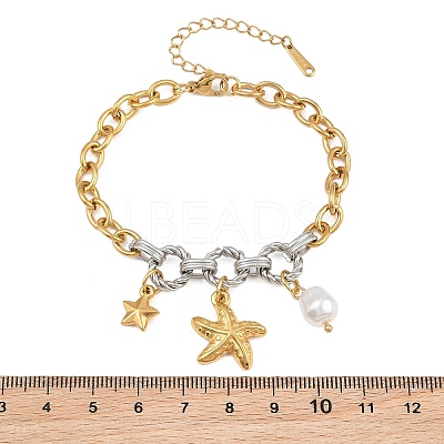 Duo Tone Ocean 304 Stainless Steel Sea Animals Charm Bracelets with Imitaiton Pearl for Women SA-CBA717A-06G-01-1