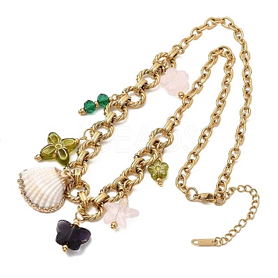 Electroplated Natural Shell & Glass Flower Butterfly Pendant 304 Staniless Steel Chain Necklaces for Women NJEW-A063-14G-1