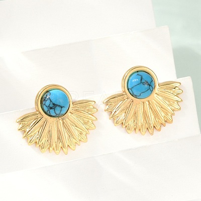 Fan 304 Stainless Steel Synthetic Turquoise Stud Earrings for Women EJEW-U046-17B-G-1