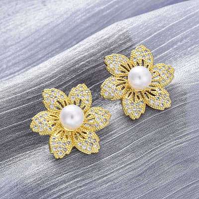 Flower Brass Micro Pave Clear Cubic Zirconia Stud Earrings EJEW-H158-04G-1