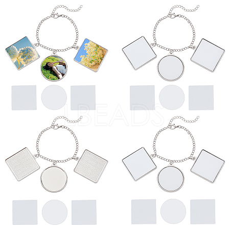 4Pcs Alloy Sublimation Blank Square & Flat Round Charms Bracelets BJEW-PH01797-1