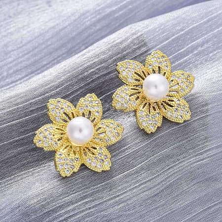 Flower Brass Micro Pave Clear Cubic Zirconia Stud Earrings EJEW-H158-04G-1