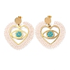 Heart with Eye Woven Glass & Brass Beaded Dangle Stud Earrings EJEW-A105-04G-01-1