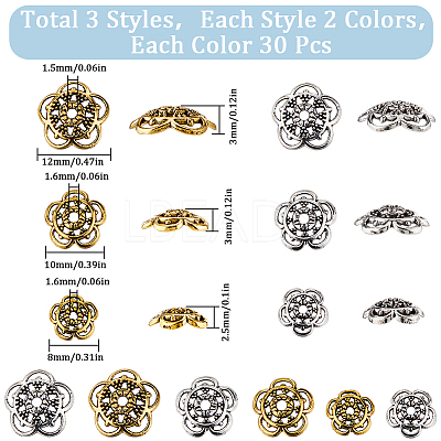 180Pcs 6 Style Tibetan Style Alloy Flower Bead Caps FIND-SC0008-77-1