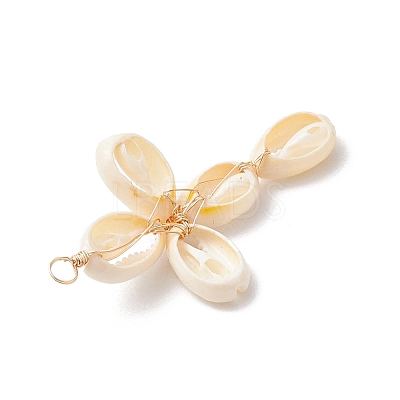 2Pcs 2 Colors Natural Cowrie Shell Beaded Cross Pendants PALLOY-JF03938-1