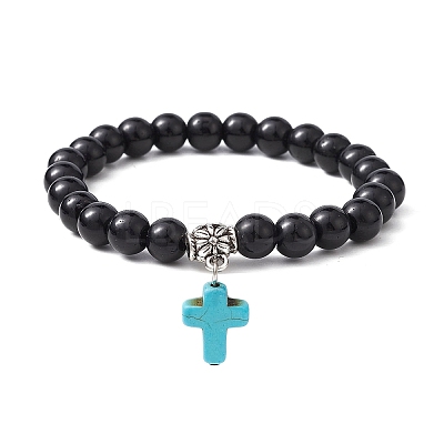 Synthetic Black Stone Round Beaded Stretch Bracelet BJEW-JB09745-01-1