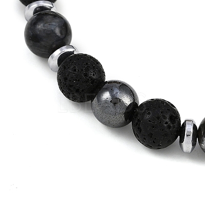 Non-Magnetic Synthetic Hematite & Natural Larvikite & Natural Lava Rock Round Beaded Braided Bracelets for Men Women BJEW-JB11185-02-1