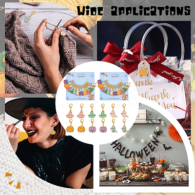 Halloween Theme Alloy Enamel Ghost & Witch Hat & Pumpkin Charm Locking Stitch Markers HJEW-PH01714-1