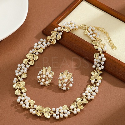 Ginkgo Leaf Zinc Alloy & Plastic Imitation Pearl Link Chain Necklace & Stud Earring Sets FS-WG12076-01-1