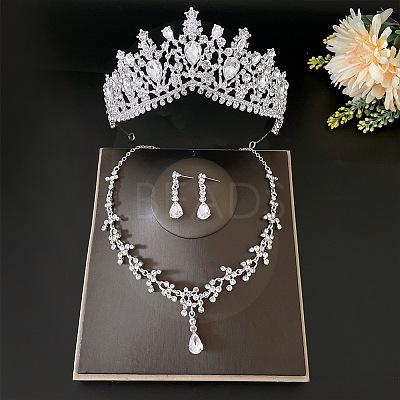 Teardrop Alloy Rhinestone Pendant Necklaces & Stud Dangle Earrings & Crown Hair Band Sets FS-WGFDFEC-01-1