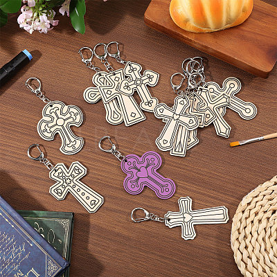 36Pcs 12 Styles Unfinished Wood Cross Keychain DIY-GL0006-34-1
