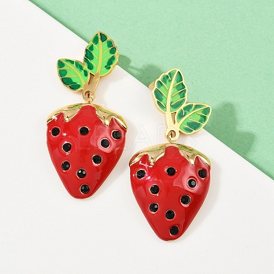 304 Stainless Steel Enamel Strawberry Dangle Stud Earrings EJEW-A138-10G-01-1
