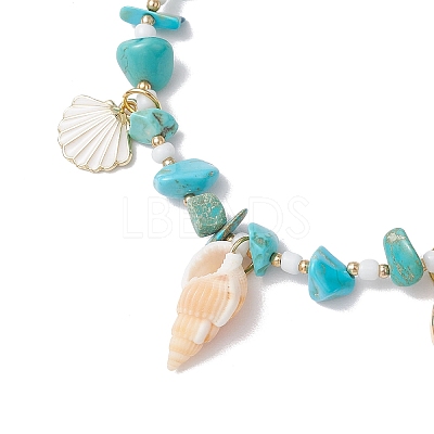 Summer Beach Synthetic Turquoise Chip Starfish & Natural Shell & Alloy Enamel Charm Anklets AJEW-TA00037-1