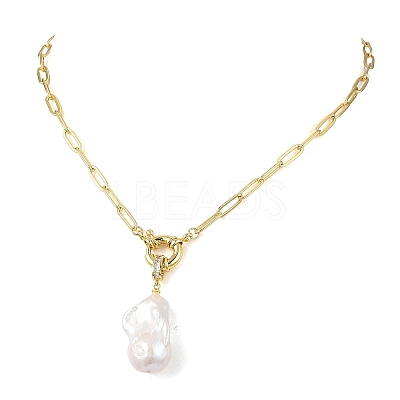 Natural Baroque Pearl Keshi Pearl Nuggets Pendant Brass Paperclip Chain Necklaces for Women NJEW-JN06145-1